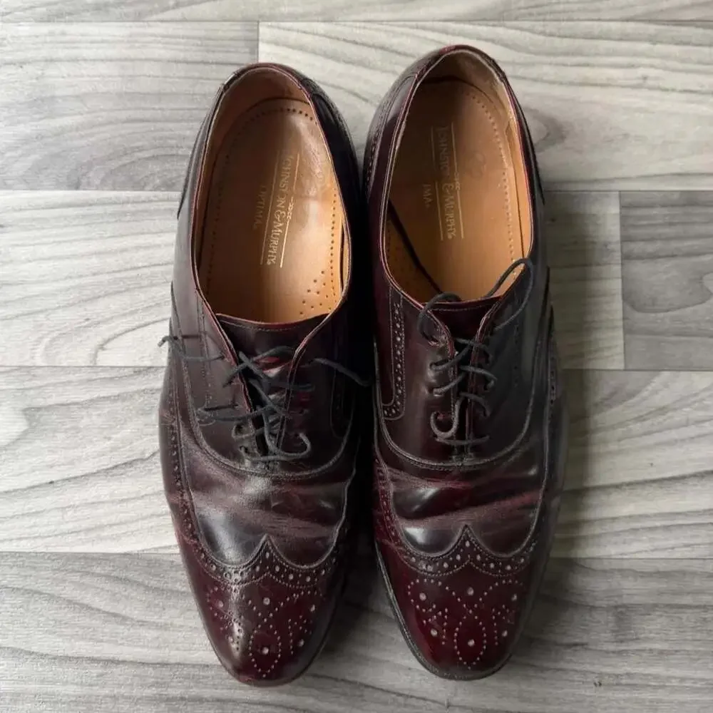Johnston & Murphy Optima Burgundy Leather Wingtip Oxford Dress Shoes